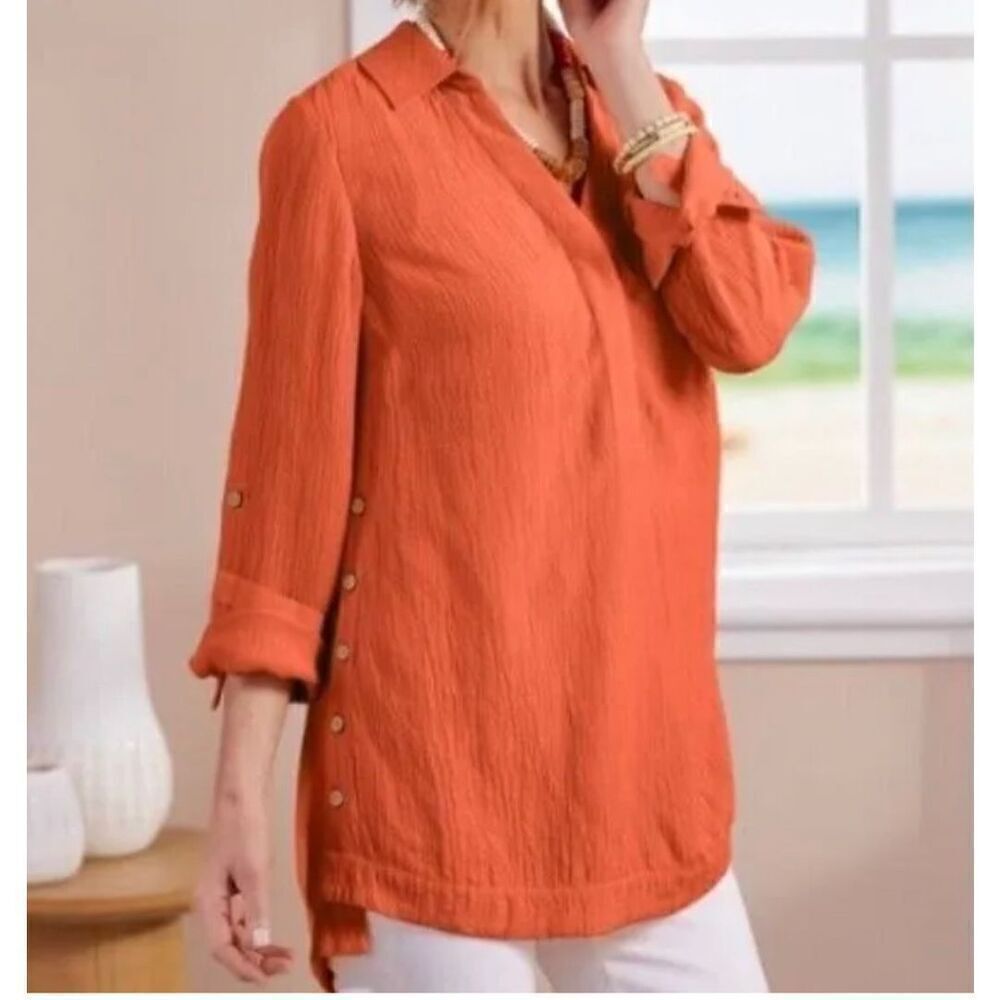 Soft Surroundings‎ Sorano Gauze Roll Tab Sleeve Orange Tunic Top Medium
